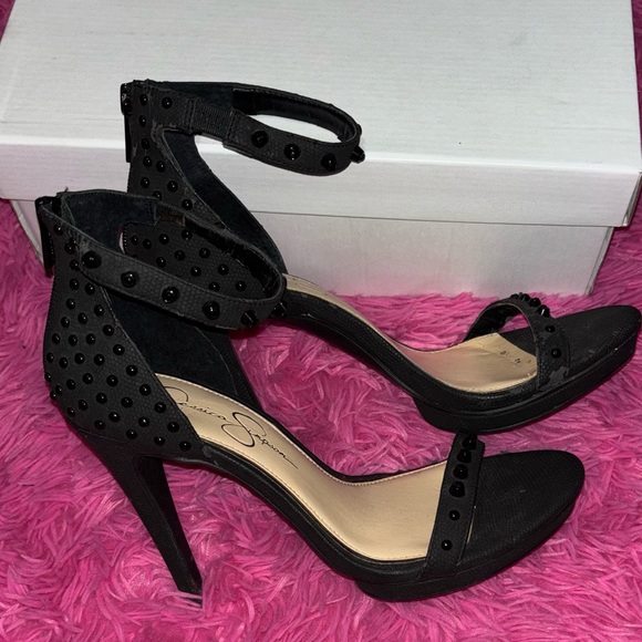 Jessica Simpson Elegant Black Faralie Studded Platform Ankle Strap Heel - Picture 1 of 11